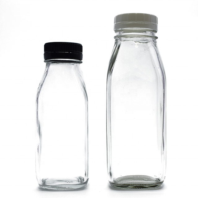 16oz Empty Clear Glass Milk Juice Drinking Bottles With Plastic Lid